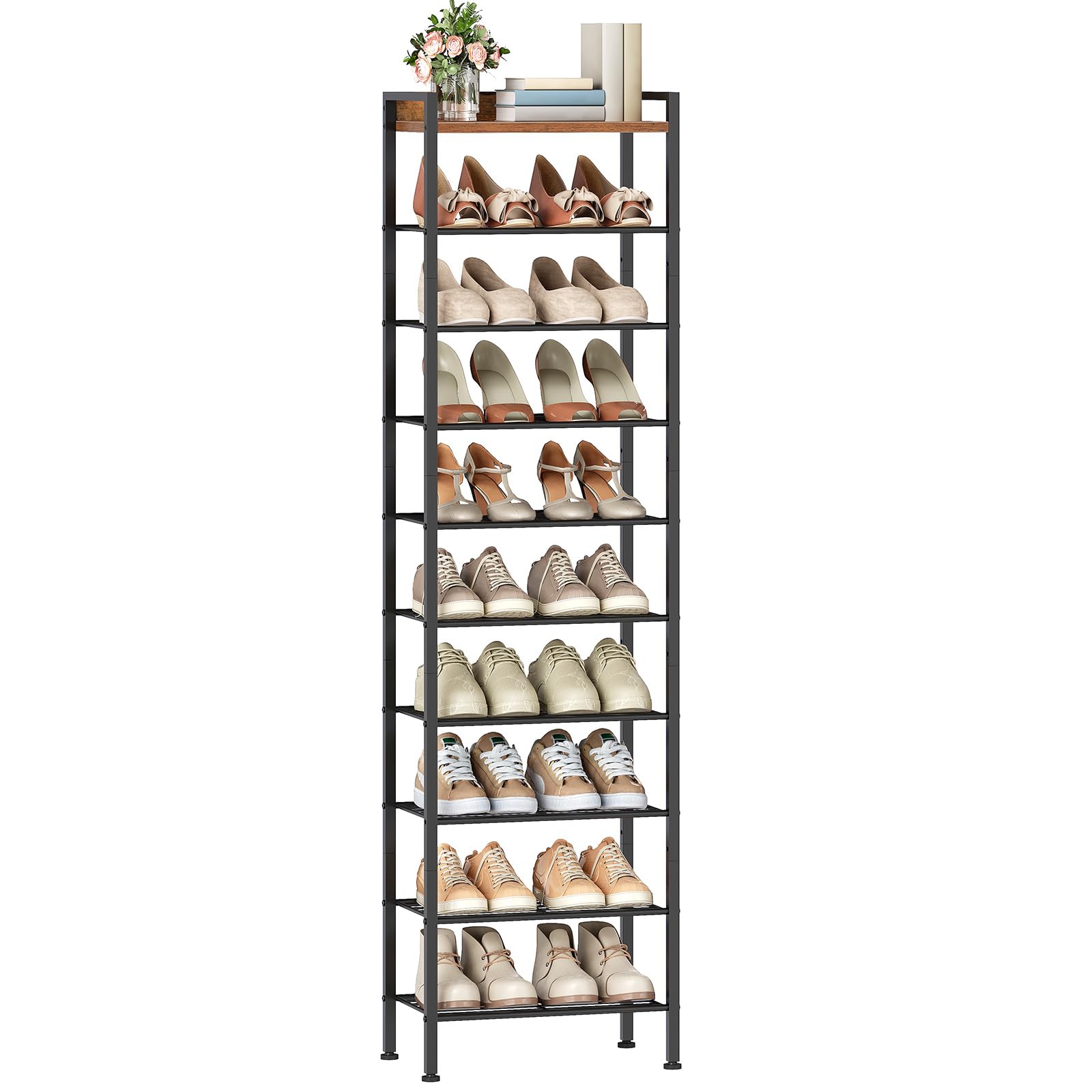 HOOBRO Schuhregal mit 10 Ablagen, schmale Schuhablage, Schuhschrank, Schuhorganizer mit herausnehmbaren Regalböden für Flur, Eingangsbereich oder Wohnzimmer, Vintagebraun und Schwarz EBF11XJ01