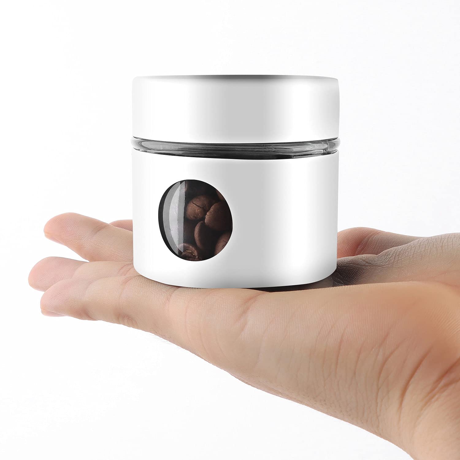 SIPLIV Minimalist White Coffee Canister, 1.4 OZ, Airtight Stainless Steel and Glass Food Storage Container, 2.4 Inches (Diameter) x 2.3 Inches (Height)