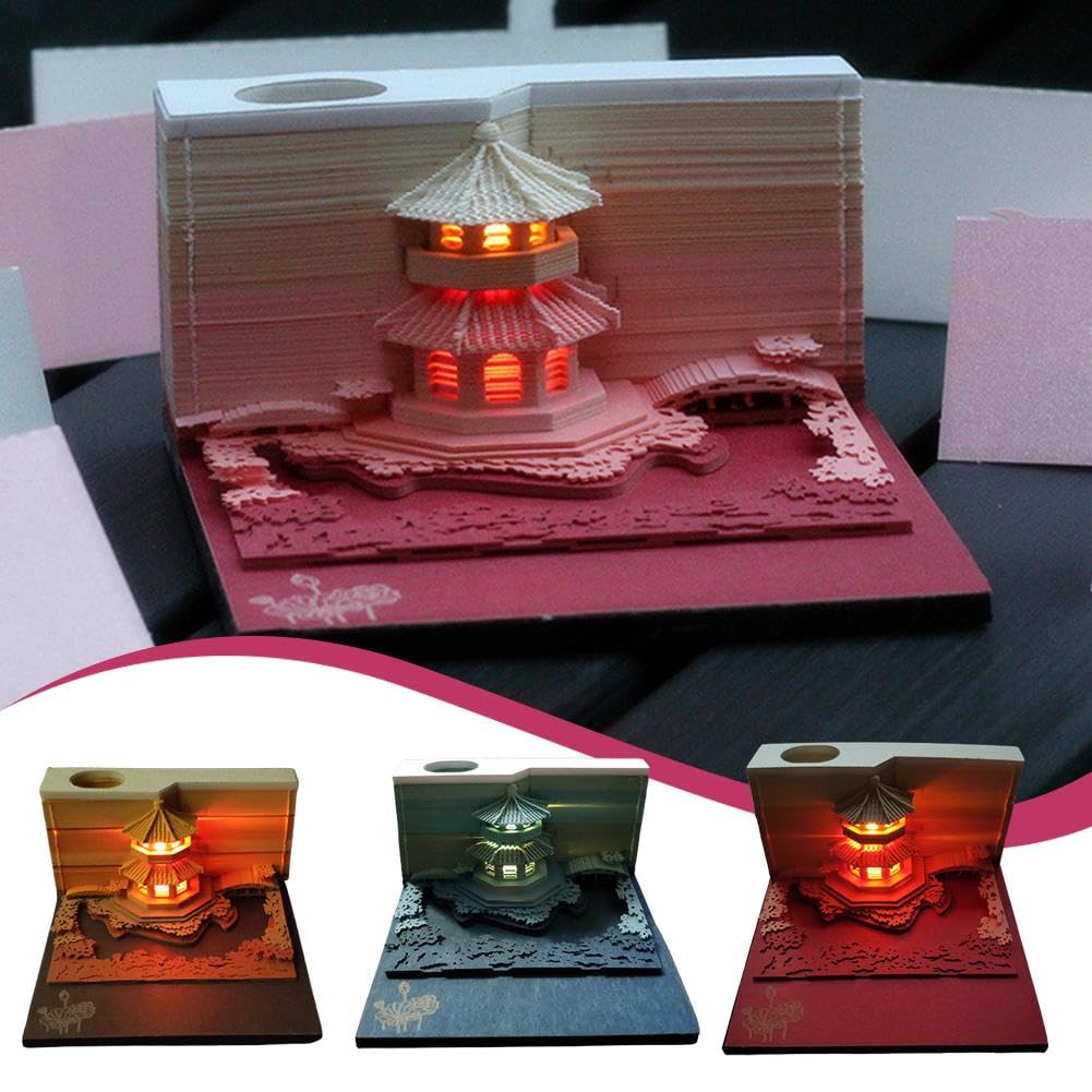 3D-Notizblock mit Licht, 3D-Papierschnitzerei, Gartenpavillon, geschnitzter Notizblock mit Lichtern, Büro-Schreibtisch-Ornament, zum Abreißen, Papierbasteln, Gartenpavillon, für Zuhause, Büro,