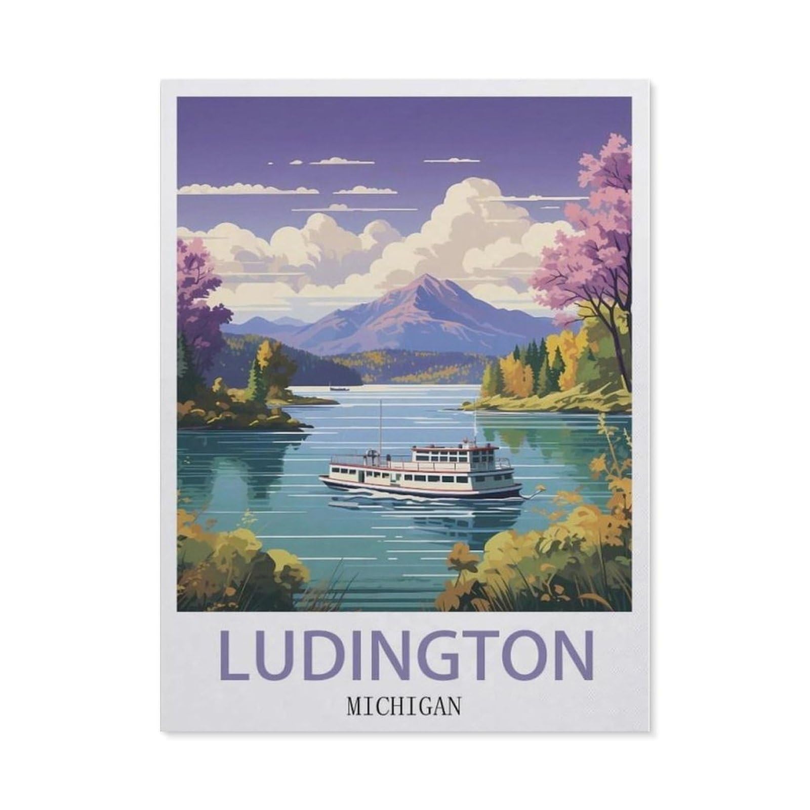 Beayodkp （30 X 40 Cm/11.81 X 15.74 Inches） Ludington Michigan Vintage Travel Posters，Diamond Art Kits For Adults And Kids, Full Drill Round Rhinestone Paint With Diamonds-Ch69