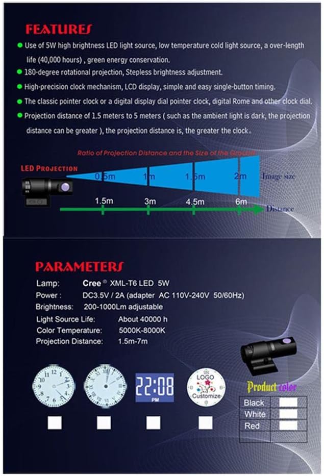 LCD Projection Alarm Clock, Remote Control 5 Colors Night, 360 Rotation for Ceiling, Wall, Desk - Energy Saving Digital Clock for Bedroom, Office, and Home Decor