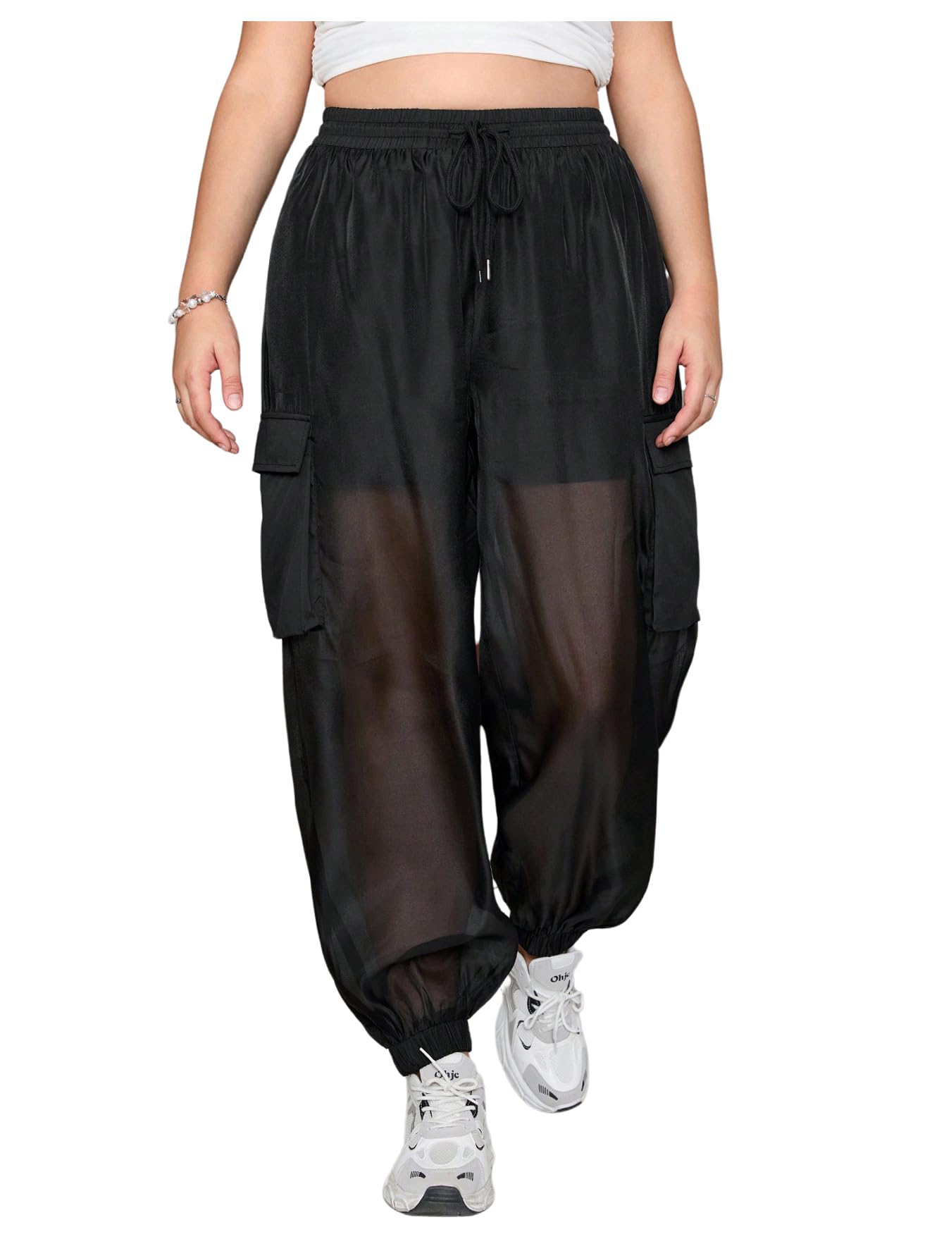 Floerns Womens Plus Size High Waist See Through Joggers Drawstring Casual Pants with Pocket
