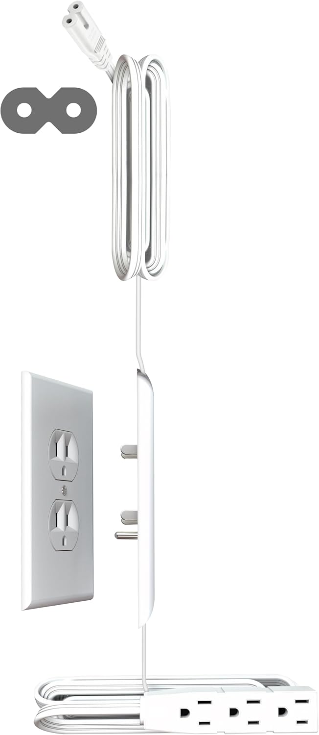 Sleek Socket Original & Patented Ultra-Thin Outlet Concealer with Cord Concealer Kit, Top 6 Foot A/C Power Cord for Mounted TV with C7 or C13 Connector, Bottom 5 Foot Cord, 3 Outlet Power Strip