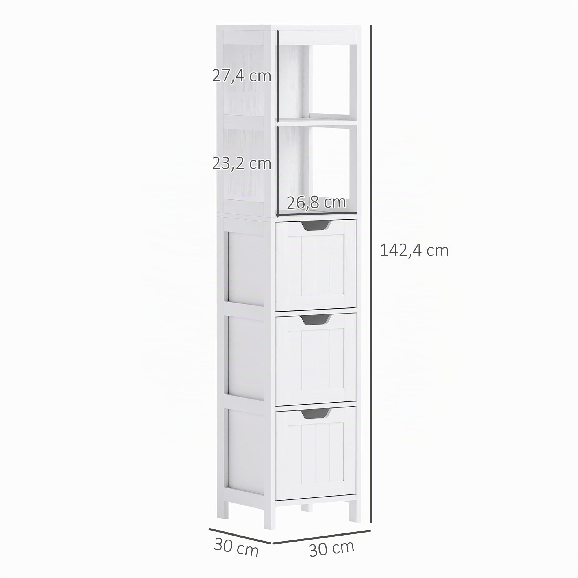 HOMCOM Badezimmerschrank mit 3 Schubladen in Weiß 30 x 30 x 142,4 cm