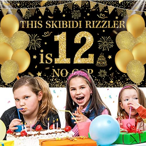 Image of Black Gold This Skibidi Rizzler is 12 No Cap Happy Birthday Backdrop Banner Photography Background Decorations for Boys Girls 12th Year Bday Party Accessories Supplies 72.8 * 43.3in