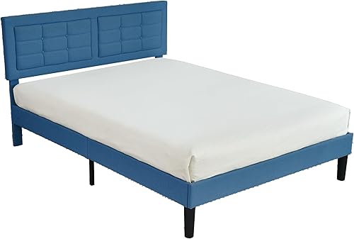 Miniatura 9 de VECELO Base de cama de plataforma de tamaño matrimonial con cabecera tapizada de altura ajustable, base de colchón, soporte de listones fuerte, no