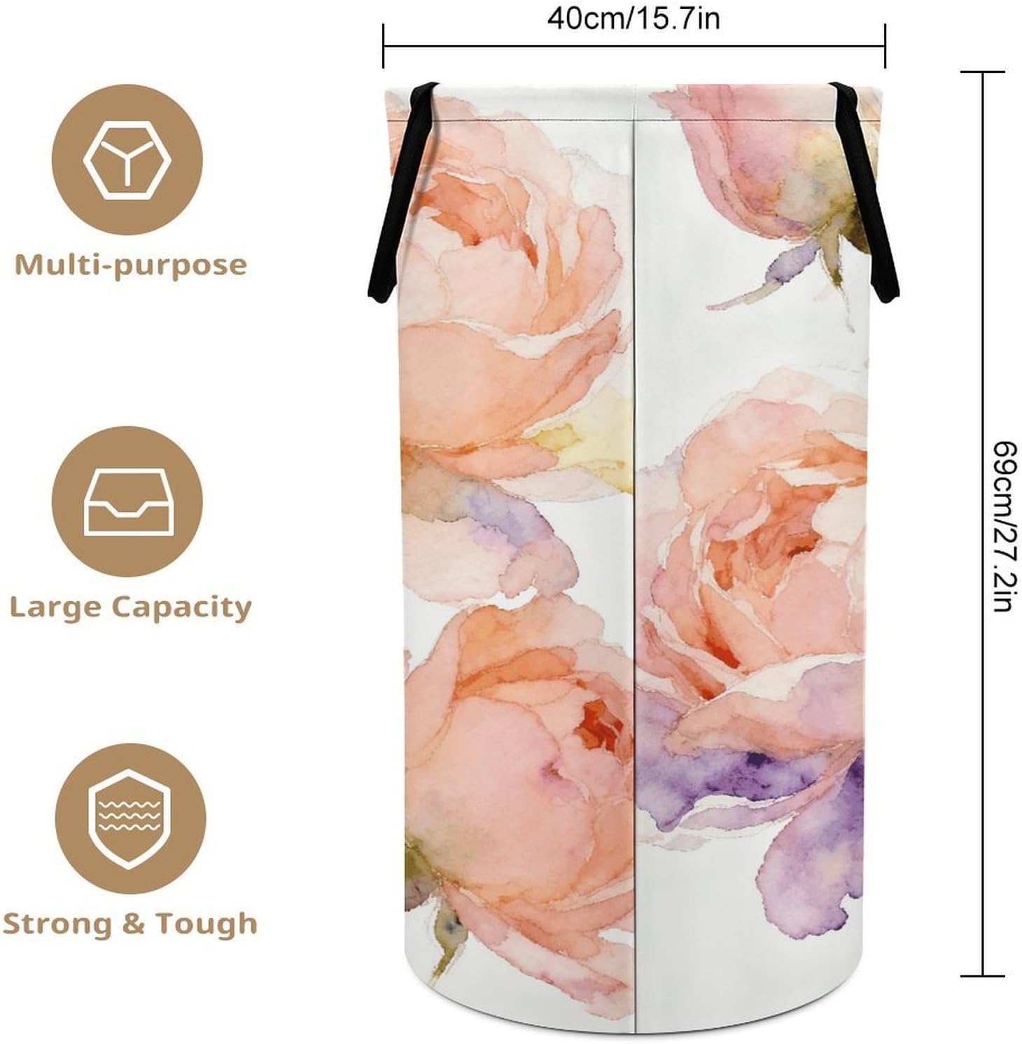 Floral Apricot Multicolored Laundry Hamper with Handles Waterproof Collapsible Laundry Basket Large Lightweight Round Dirty Clothes Hamper for Home Dorm Bathroom Decor