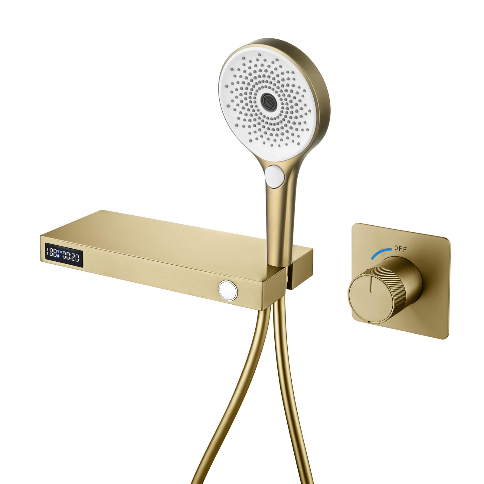 SWENEEN Led Waterfall Wall Mounted Bathtub Faucet With Handheld Spray Single Handle Bathroom Tub Mixer Tap Handshower System Temperature Display,Brushed Gold