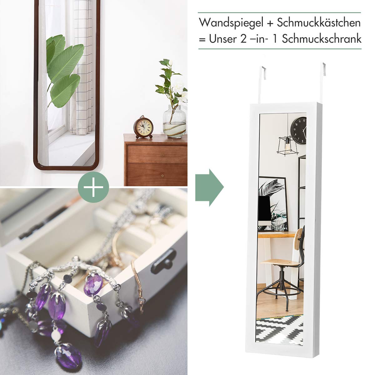 GOPLUS Sieradenkast met ledverlichting, sieradenrek met spiegel, spiegelkast, sieradenorganizer, wand-/deurmontage, magneetsluiting, met planken en laden, wit