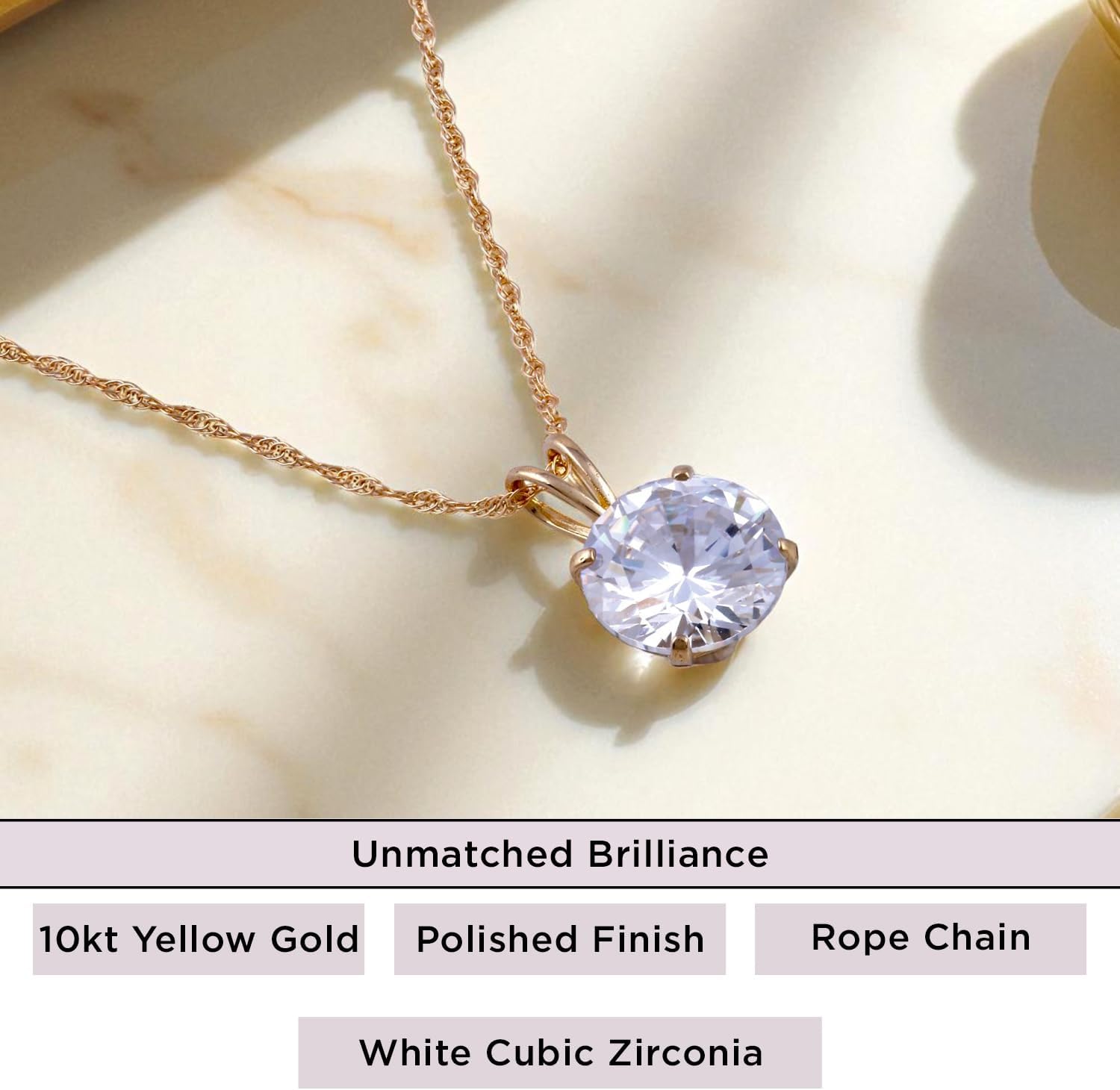 Jewelili 10K Yellow/White Gold Solitaire Pendant Necklace for Women | Dainty Round Cut Cubic Zirconia Gold Necklace | 8.0MM (2.0 CTW)| 18" Rope Chain | Birthday| Gift Box Included