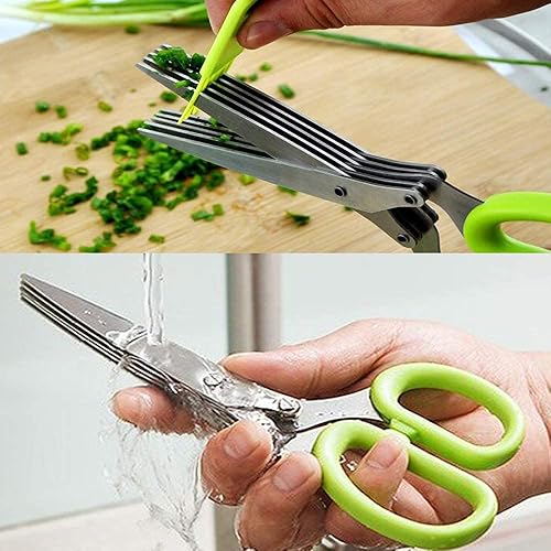 Miniatura 5 de Tijeras de cocina de acero inoxidable de 5 cuchillas, tijeras picadas de hierbas frescas y verduras de hoja verde, utensilios de cocina, cortador de