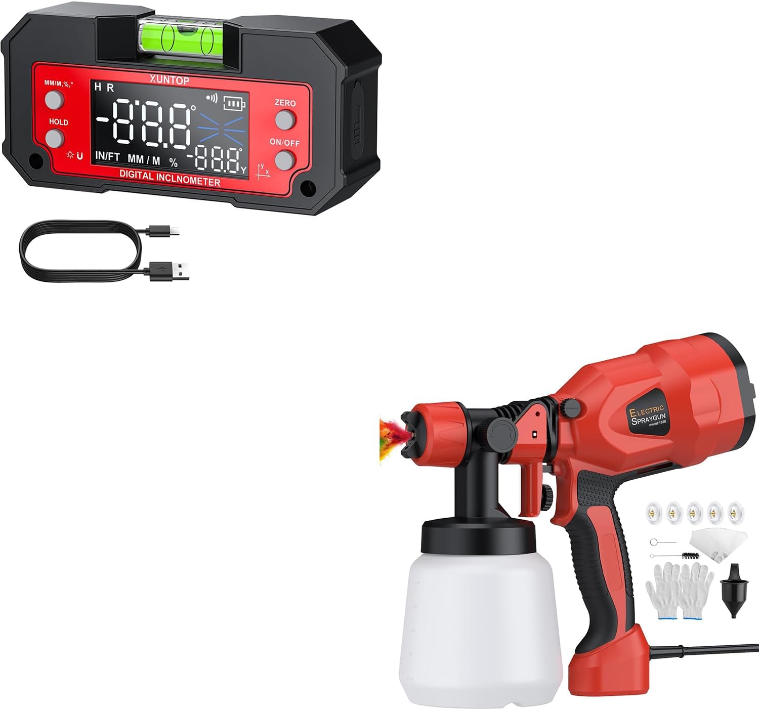 Angle Measurement & Painting Kit: Dual-Axis Digital Angle Finder & 850W HVLP Paint Sprayer - Multi-Angle Magnetic Inclinometer & 5-Nozzle Spray Gun for Woodworking, Wall and DIY Projects