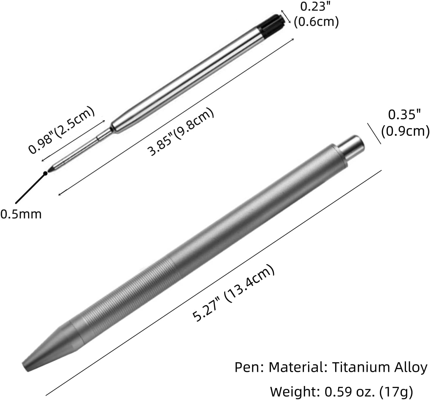 Grey Titanium Alloy Ballpoint Pen Retractable Lightweight EDC Pen No Pocket Clip Compatible with Parker Style Refill with 3 Extra Refills in Gift Box (LA036)