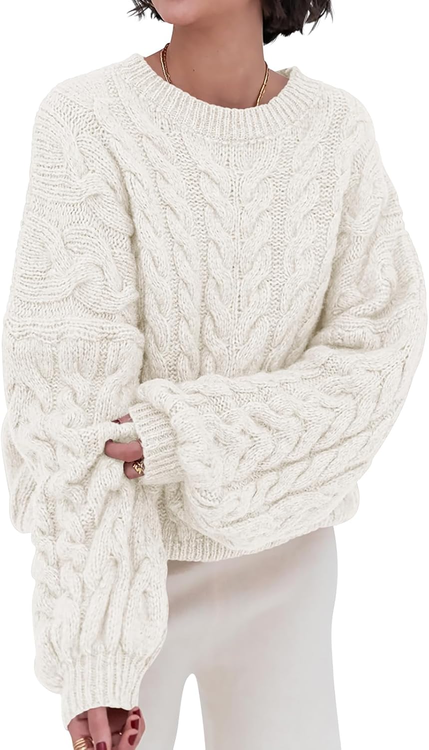 PRETTYGARDEN Womens Sweaters Fall 2025 Cable Knit Long Sleeve Crewneck Oversized Sweater Chunky Pullover Loose Outfits