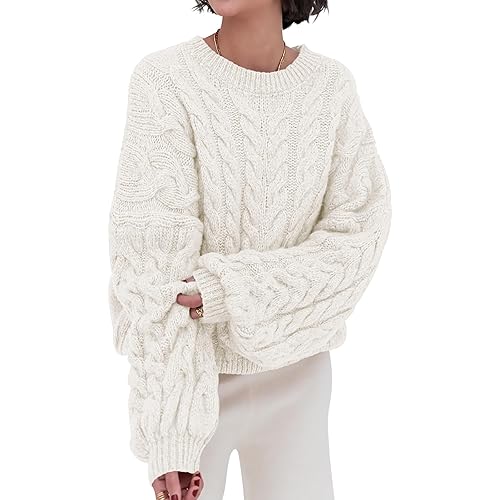 PRETTYGARDEN Womens Sweaters Spring 2025 Cable Knit Long Sleeve Crewneck Oversized Sweater Chunky Pullover Loose Outfits