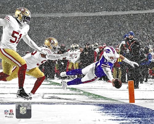 Buffalo Bills Quarterback Josh Allen Leaps Into The End Zone During a Game In The 2024 Season 8x10 Action Photo Picture -Officially Licensed NFL Collectible Matte Print for Fans & Memorabilia Collectors | Football Wall Art