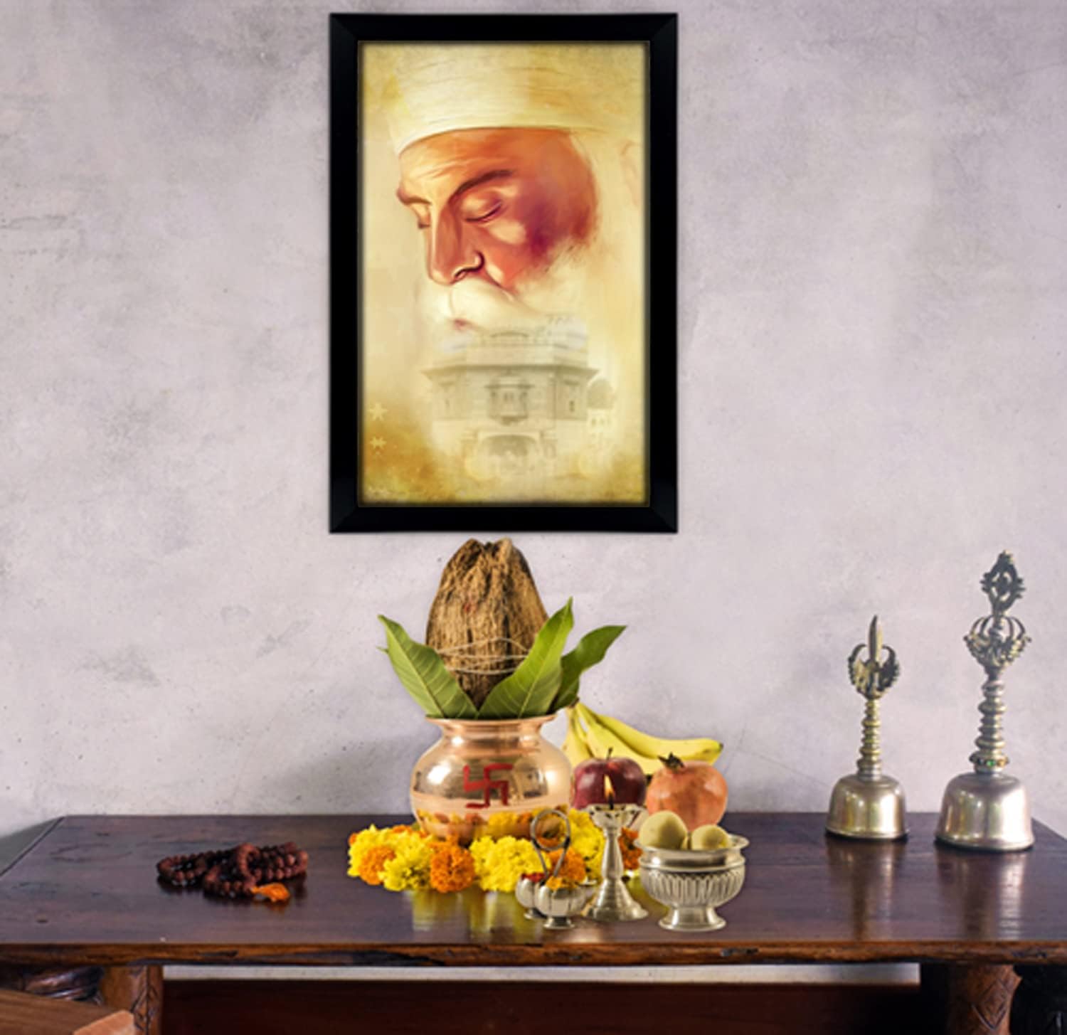 IBA Indianbeautifulart Guru Nanak Dev Ji Giving Blessings Sikh Religious Poster With Frame Wooden Photo Frame Ready To Hang Must For Home/Office/Gift Purpose