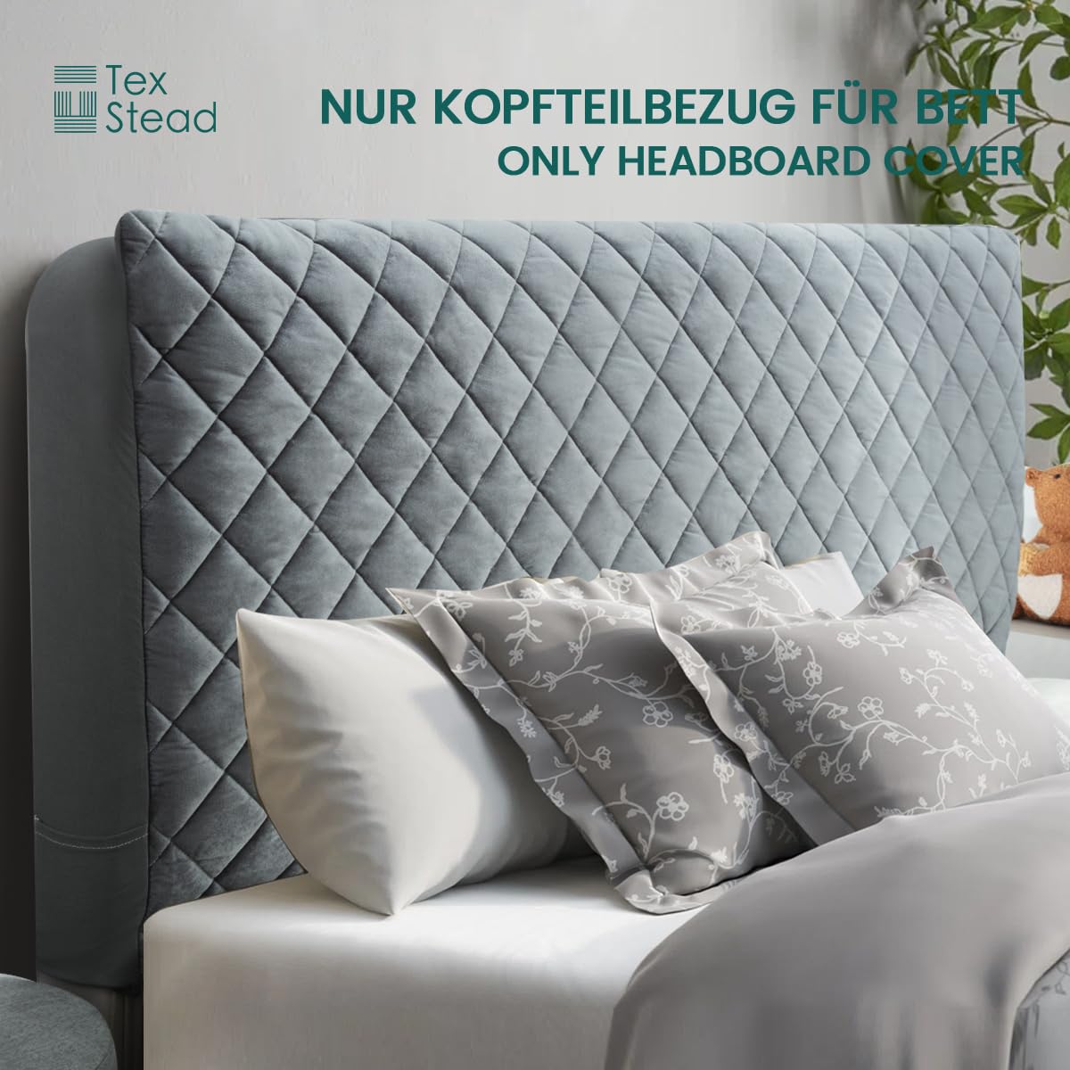 Samt Bettkopfteil Bezug & Betthussen Set – All-in-One Design, elastische & wattierte Staubschutz-Hülle als dekorative Abdeckung für gepolsterte Kopfteile, waschbar in Grau (ca. 200x70 cm)