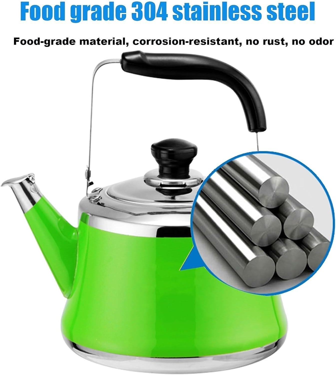 Tea Kettle Stovetop, Whistling Teapot 304 Food Grade Stainless Steel Tea Pot with Ergonomic Folding Handle Suitable for All Heat Sources(Green,2L)