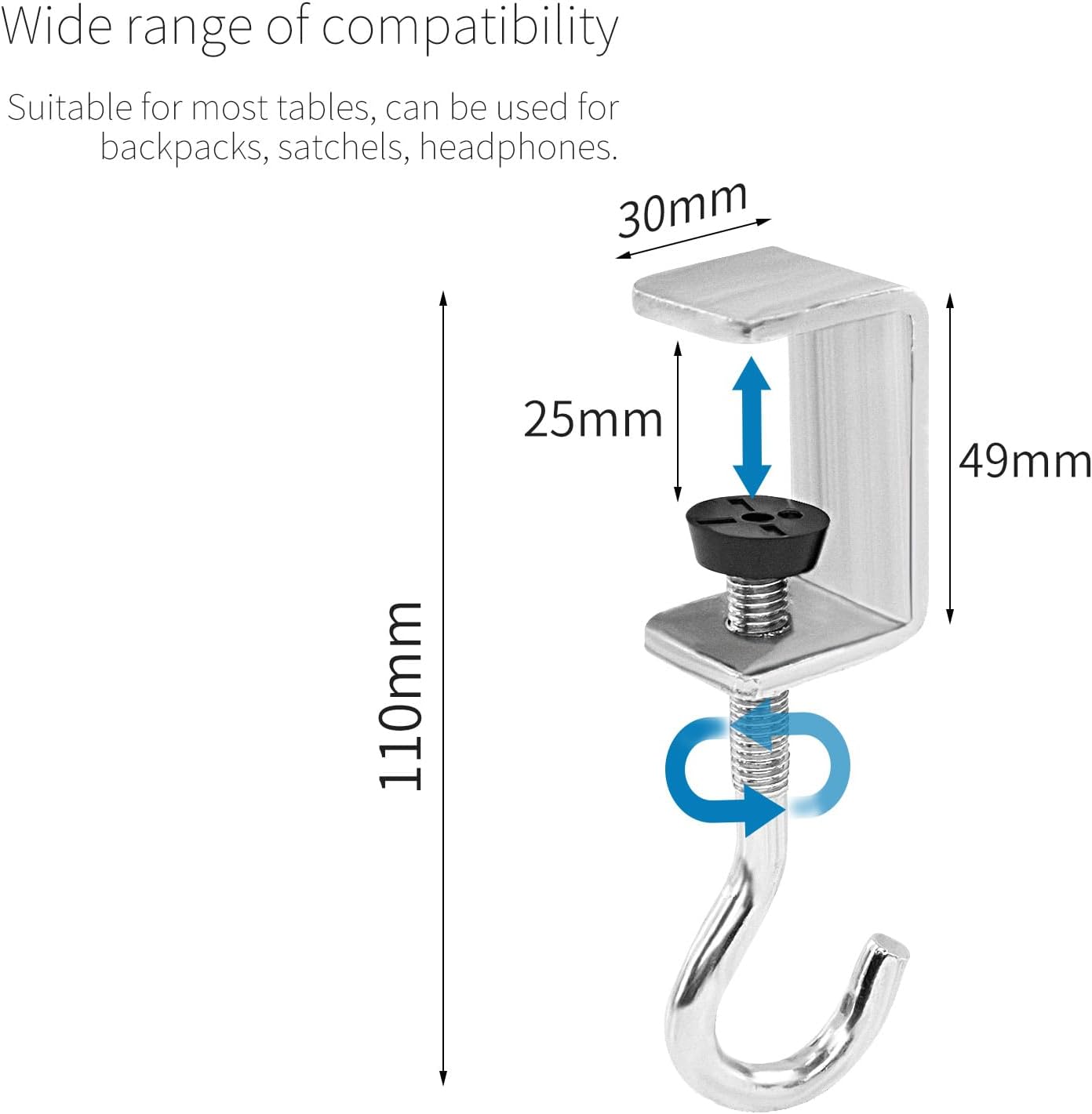 Zayin Desk Mount Hook and Schoolbag Holder Hook Clamp,On Backpack Hanger Portable Desk Mount Headphones Holder for Reduce Desk Clutter Table Desk Table Hanging Storage (Silvery 2pcs)