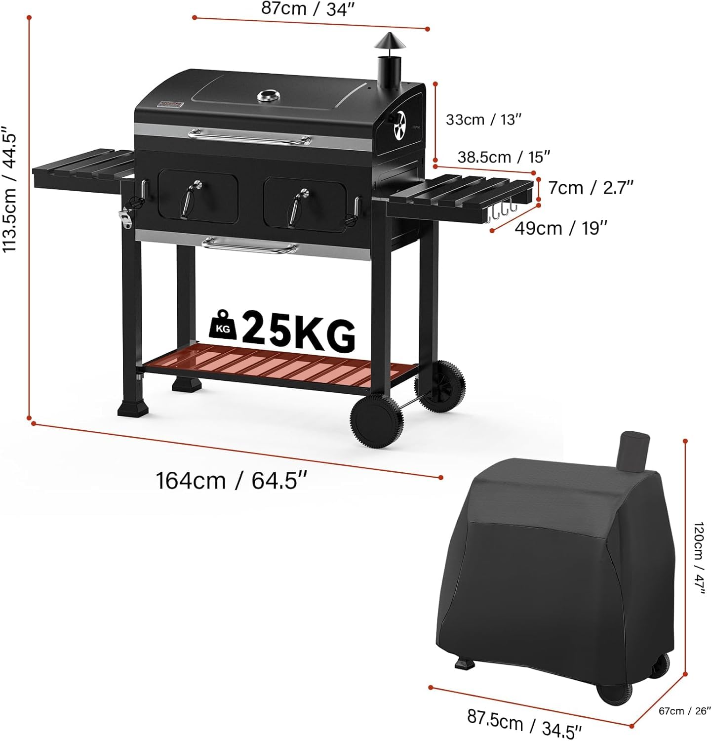 onlyfire Holzkohlegrill mit Deckel, Grill Grillwagen BBQ Smoker mit Rädern, Edelstahl Grillrost, Abdeckungen und Verstellbarer Kohlewanne, Großer Grill Holzkohle für Party, Camping