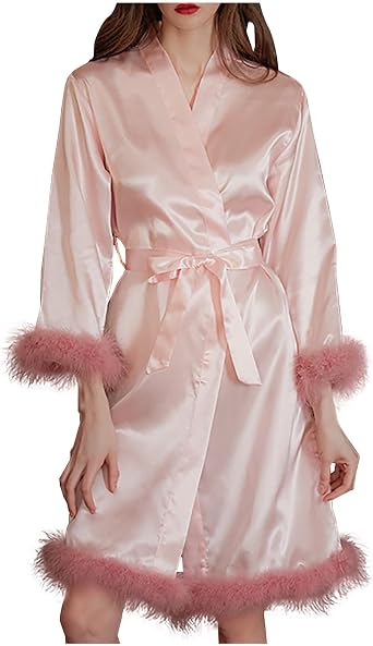Women Feather Fur Robe Sexy Silk Satin Bridal Dressing Gown Short Wedding Nightgown Summer Elegant Bathrobe Sleepwear