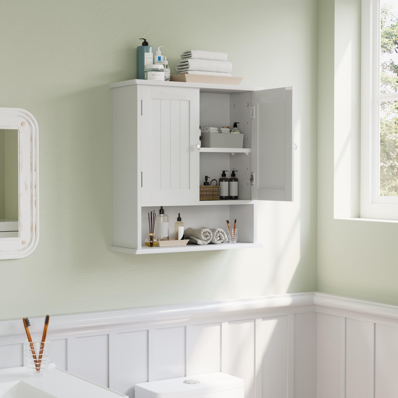 Smuxee Weißer Badezimmerkabinett Wandmontage mit 2 Türen & 5 verstellbaren Regalen, Medizinschrank für Engen Raum, Over-the-Toiletten-Schrank für Badezimmer/Waschküche/Küche
