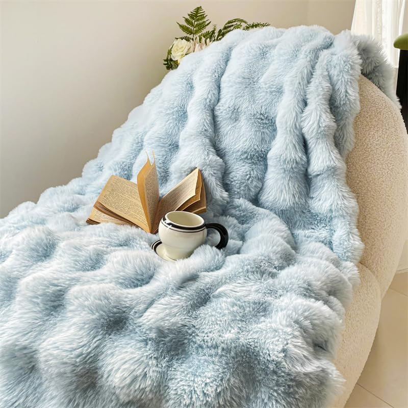 H&D Faux Fur Throw Blanket for Couch,Fluffy Cozy Soft Plush Luxury Thick Fuzzy Fleece Blanket for Couch Bed Sofa Bedroom Living Room,Comfy Bubble Blanket (LIGHTBLUE, Throw (50" x 60")) - Image 4