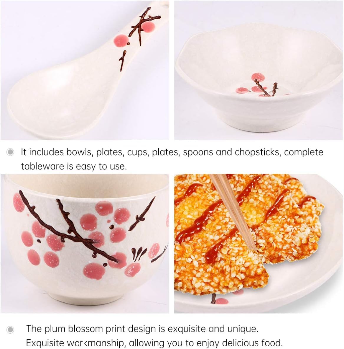 Générique Service de Table Japonais 6 pièces en céramique, Assiette, Bol, Tasse, cuillère, Baguettes, Bols à céréales et Nouilles
