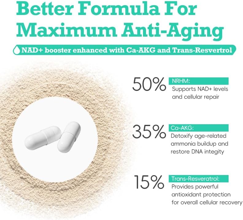 Miniatura 3 de Suplemento NR1000 NAD+ - Alternativa de suplemento NMN, apoyo de energía y enfoque, ribósido de nicotinamida + fórmula de resveratrol, vegano, sin