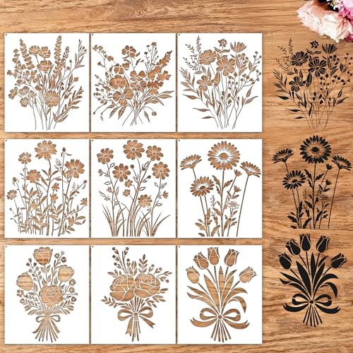 Plantillas florales Sitsink 9 piezas reutilizables de ramos vintage para lienzo pared y artesanías 2