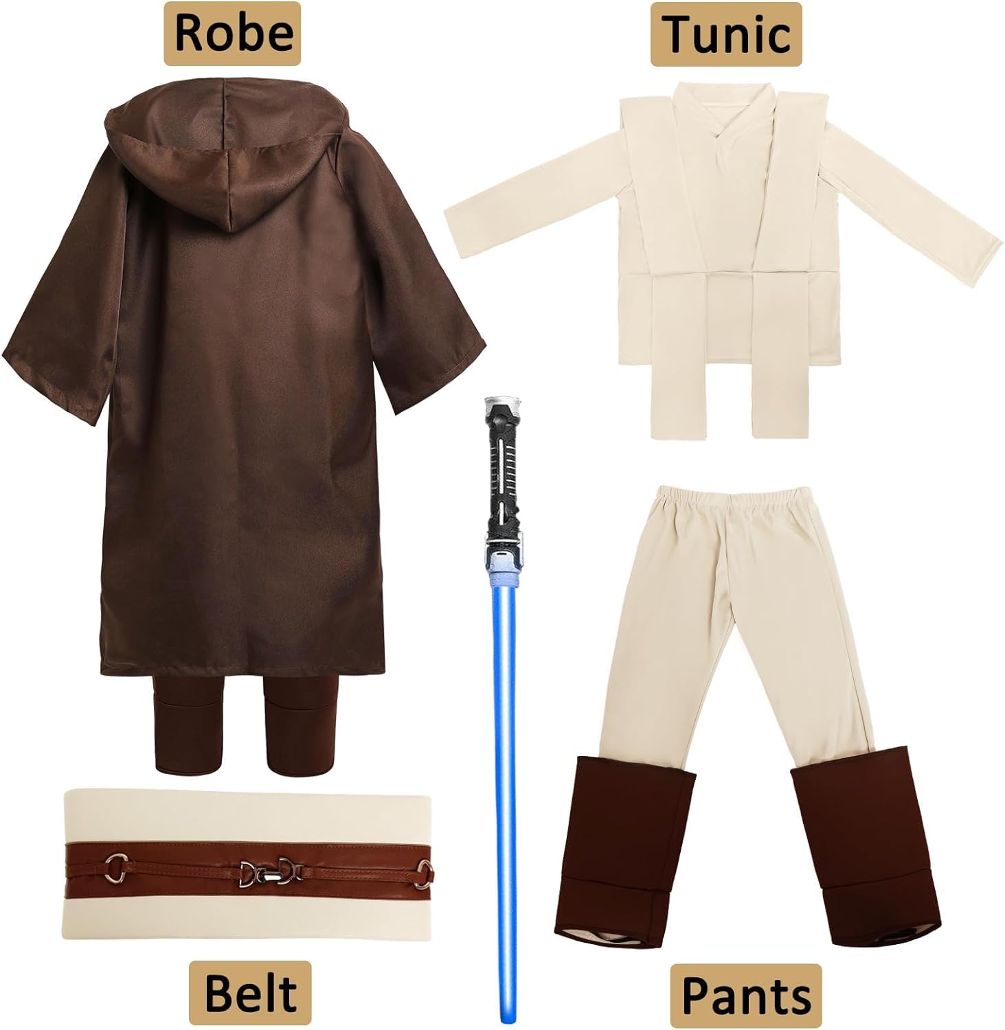 SINSEN Jedi Costume for Kids Jedi Tunic Hooded Robe Belt Lightsaber Top Pant Obi Wan Dress Up Outfit for Halloween Cosplay Party Costume for Boys Girls Ages 3-12 Years - Image 5
