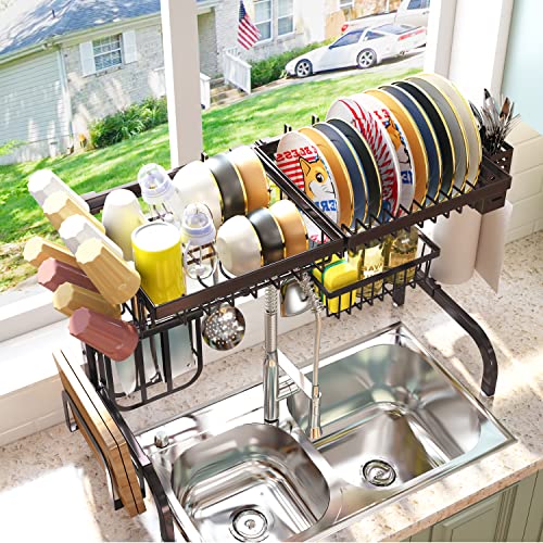Image of Over The Sink Dish Drying Rack, SAYZH Width Adjustable (25.5 inch to 33.5 inch) 2 Tier Dish Rack Drainer for Kitchen Counter Organization and Storage, Utensil Sponge Holder Sink Caddy Dryer Rack Brown