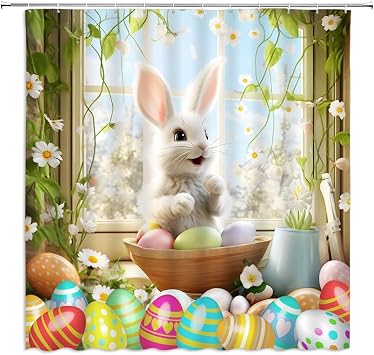 Happy Easter Shower Curtain Funny Bunny Easter Eggs Green Leaves Cute Floral Spring Holiday Rabbit Colorful Cartoon Bathroom Decor Curtains Polyester with Hooks