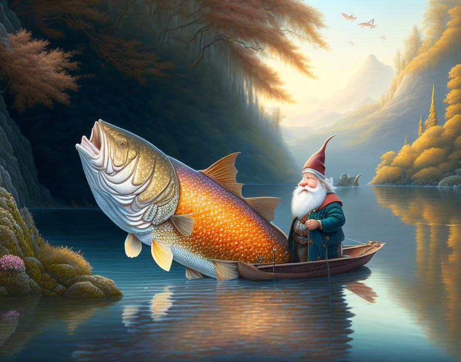 Toile poster nain timide souriant et poisson design épuré