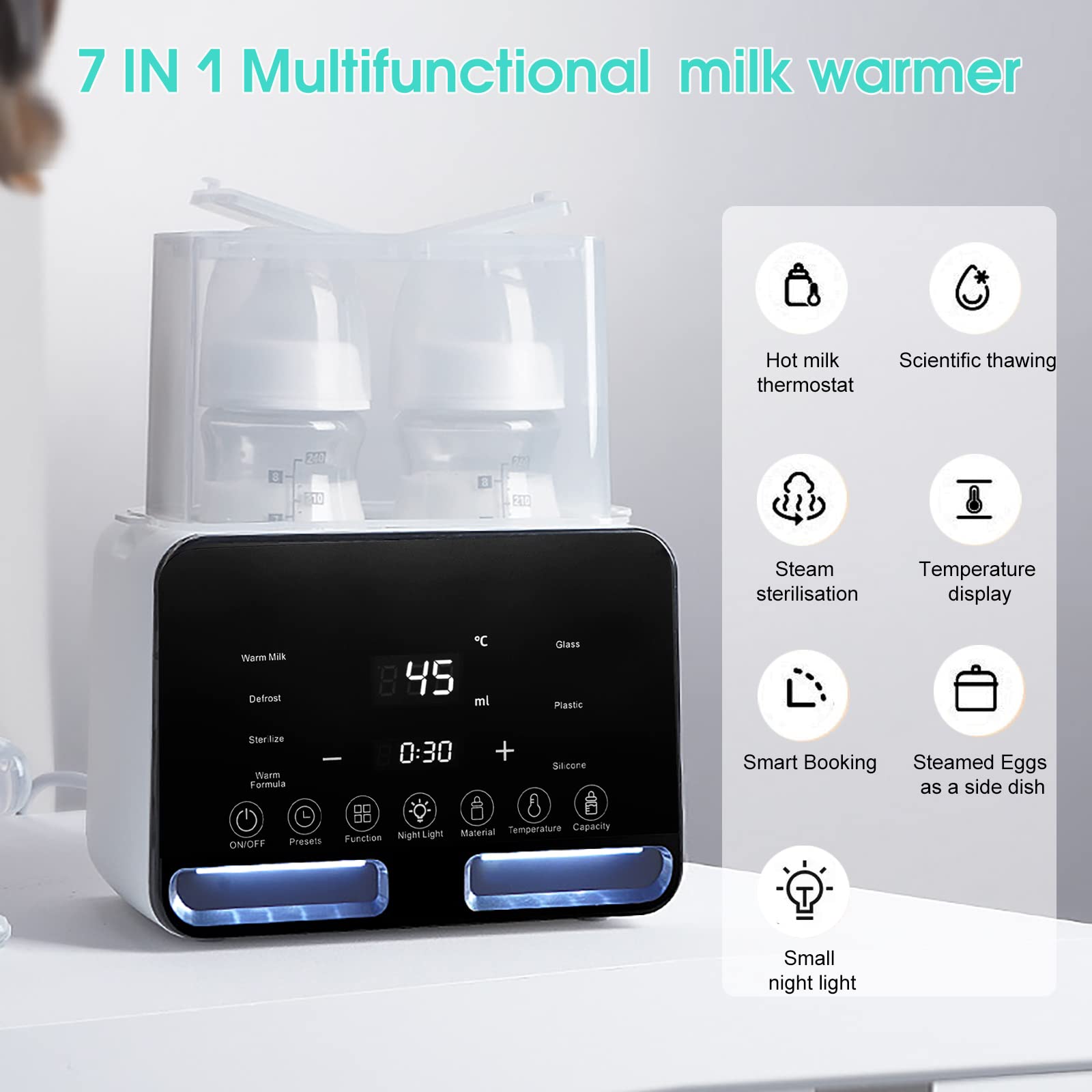 Scaldabiberon Neonato e Scalda Pappa Multifunzione Sterilizzatore Elettrico scalda cibo per bambini con Display LCD (7 in 1-Es)