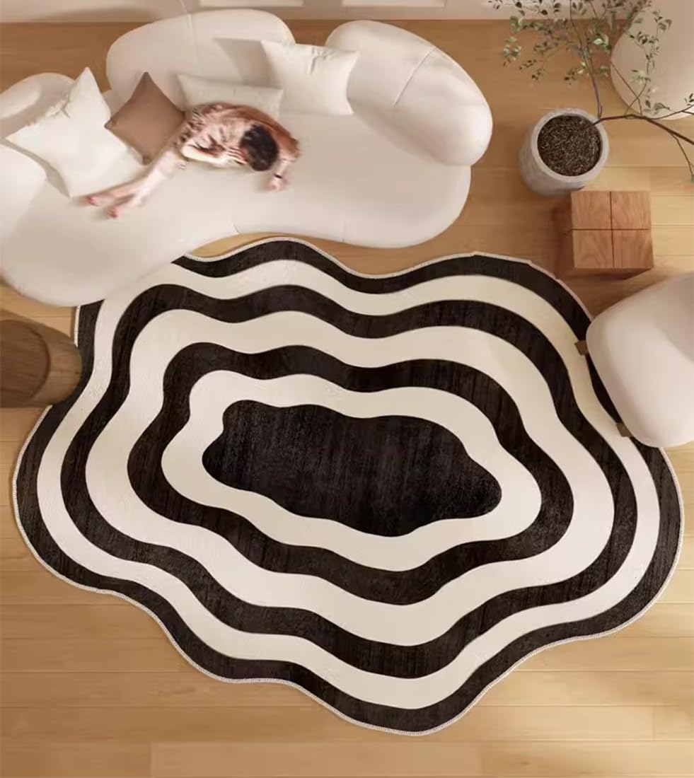 Irregular Shaped Modern Black and White Rug for Living Room Bedroom Dining Kitchen Marble Swirl Pattern Carpet 9x12 Unique Faux Wool Nursery Room Area