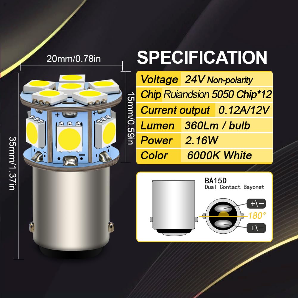 2 x BA15D 1142 1078 DC 24 V super jasne chipsety 5050 12SMD biała żarówka LED do światła cofania, światła kierunkowskazu, światło tylne