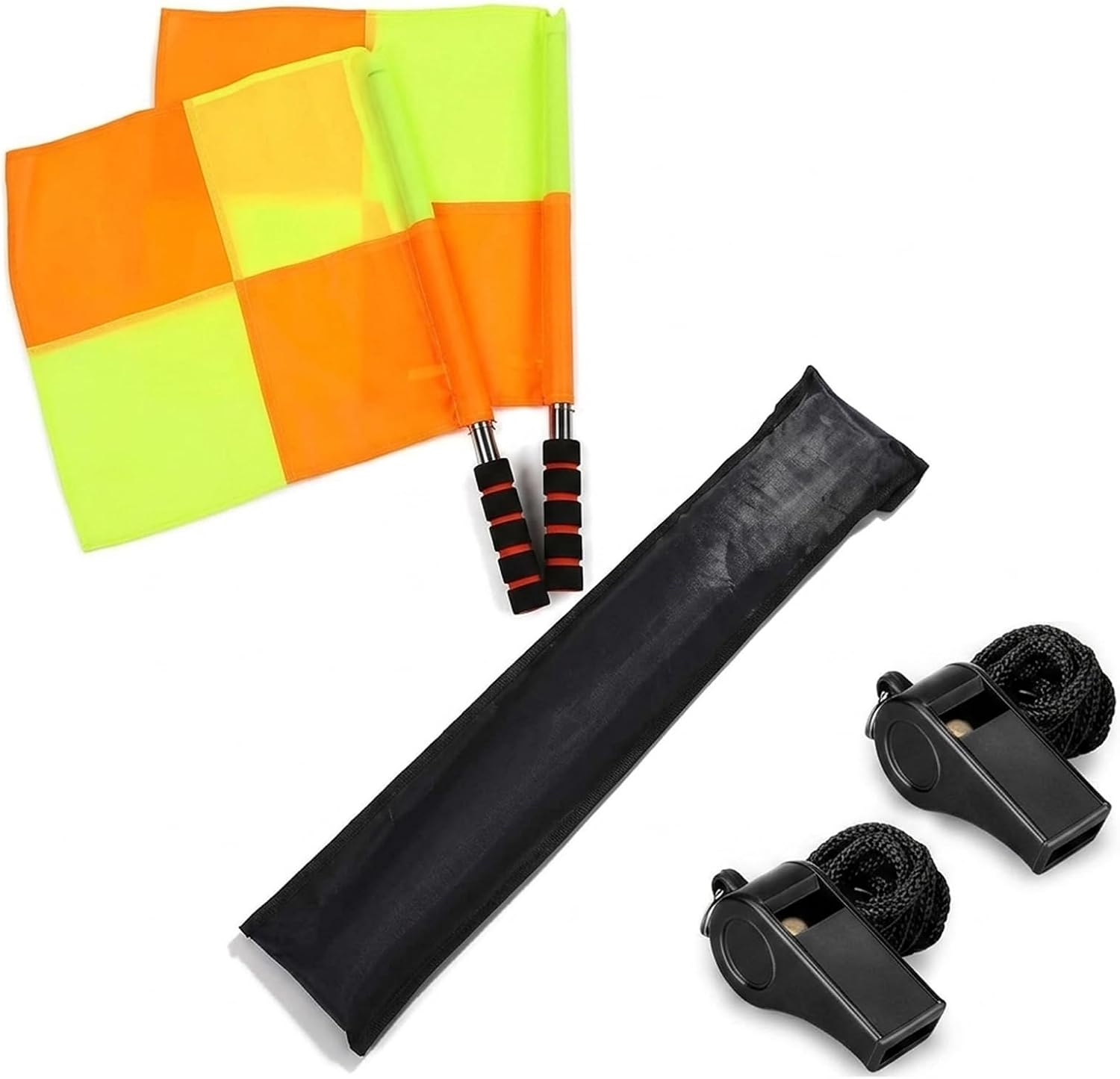 Soccer Referee Flags, Referee Whistle, 5 Pcs Equipment, 2 Referee Whistles with 2 Flags and Carrying Bag, Durable Tournament Gear for Soccer Officials and Linesmen