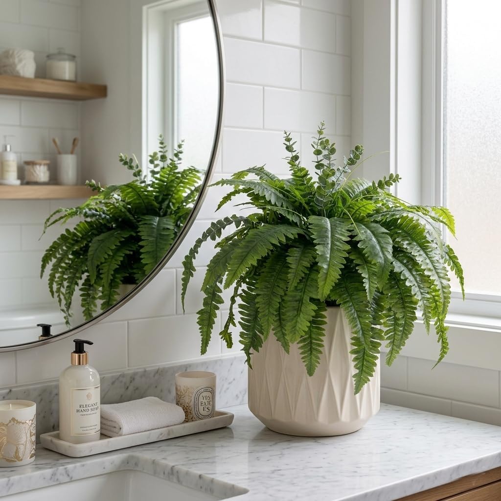 Artificial Ferns for Outdoors, 2 Pack 38IN Fake Ferns for Artificial Plants Large with 55 Fronds and 5 Long Eucalyptus Stems, Faux Ferns for Hanging Basket Porch Garden Home Decor