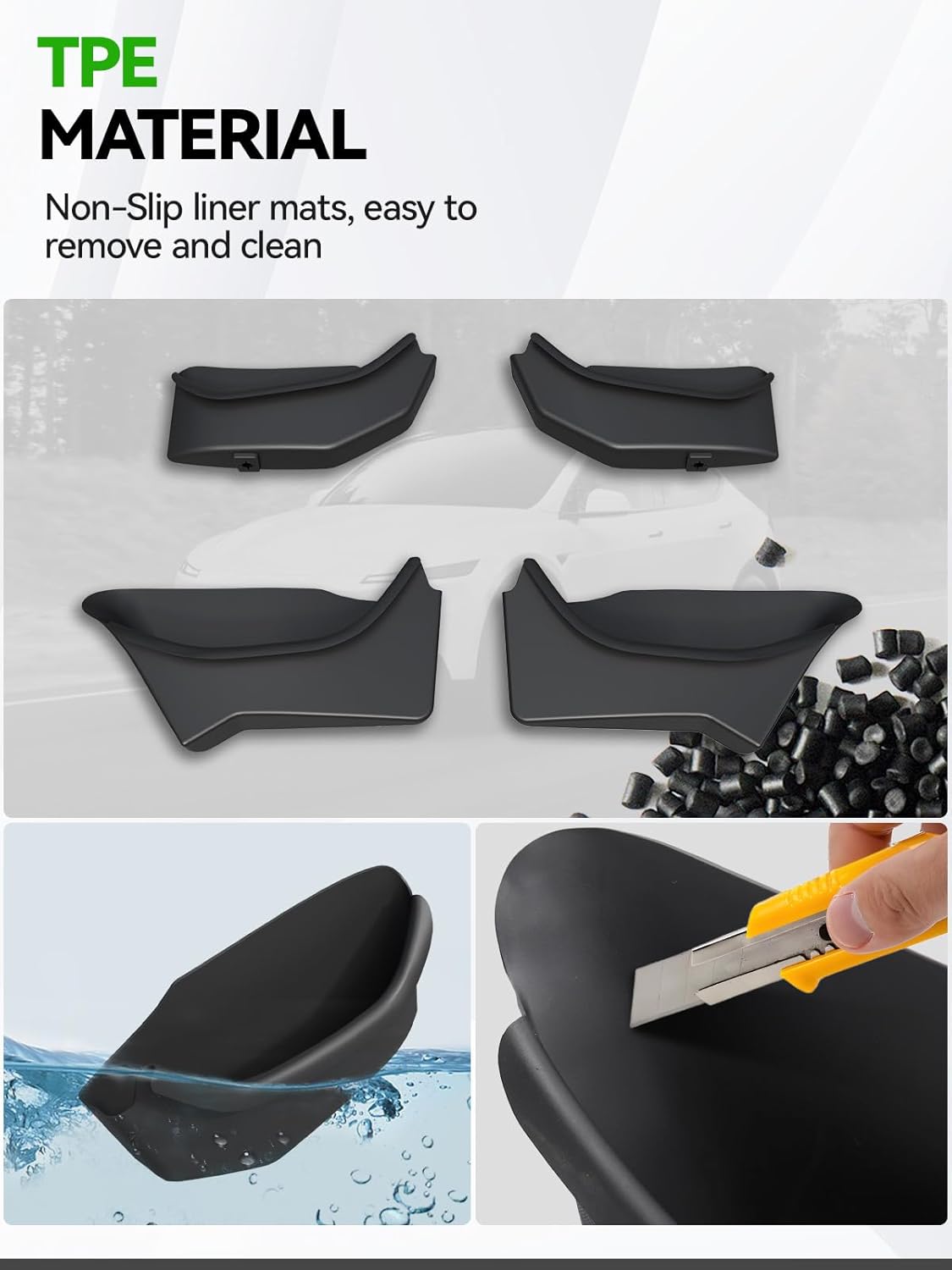 4PCS Door Side Storage Box Full-Wrap Pocket Liner compatible with 2026 2025 Tesla Model Y Juniper Accessories TPE Front and Rear Full Cover Door Side Organizer Tray