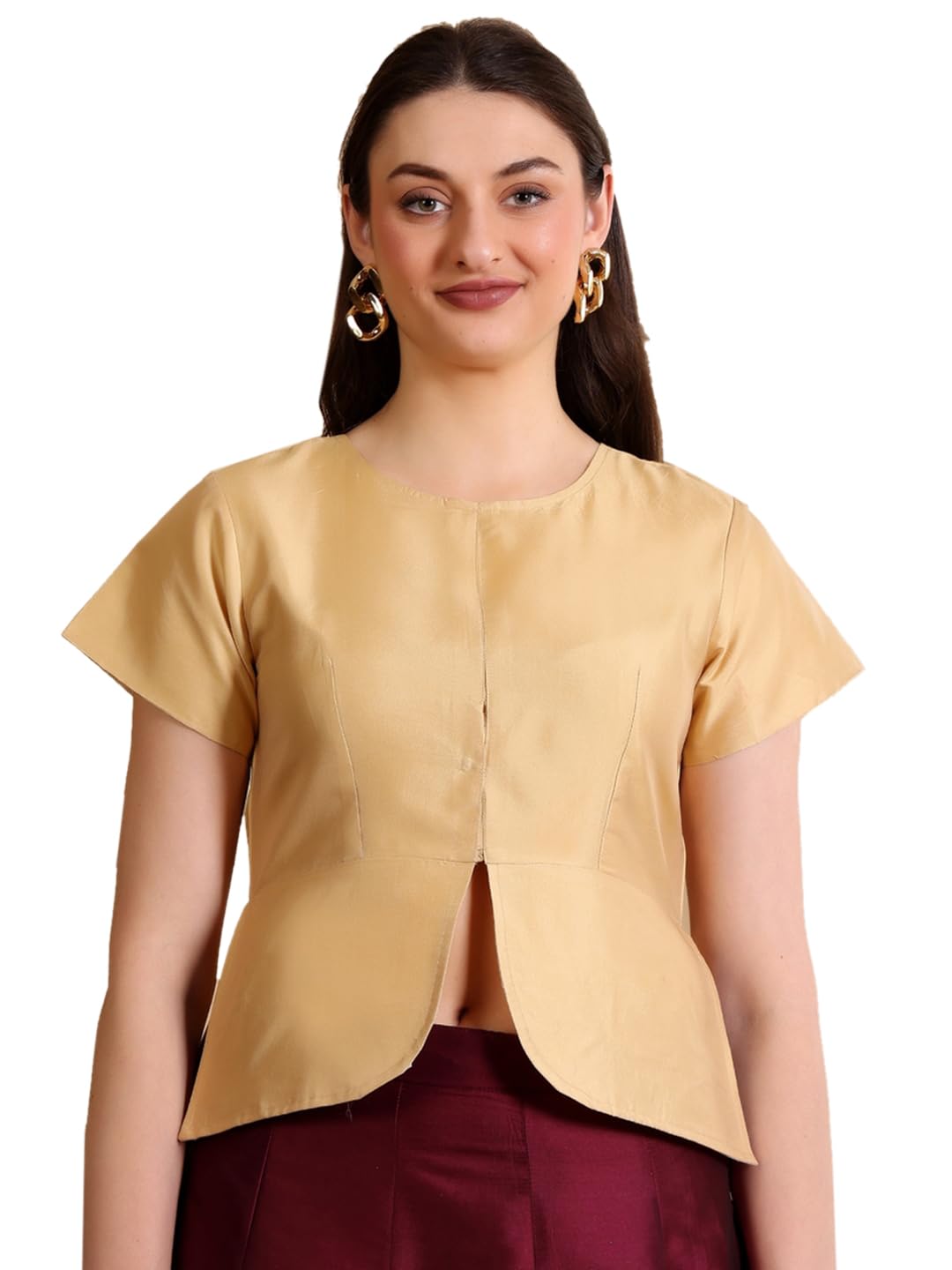 fr frolic rolic Frolic Rolic Solid Beige Silk Blend Round Neck Short Sleeves Blouse-picture-27