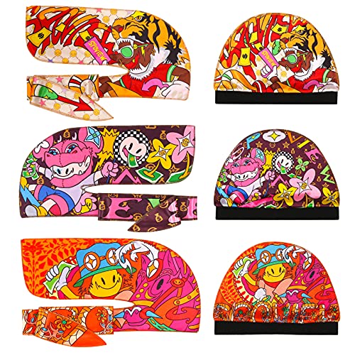 Luxury Silky durag for Men (Multi Colors) & wave cap pack ,Designer Durag & silky wave cap with Hip-hop Pattern,Extra Long & Wide Tail for 360 wave
