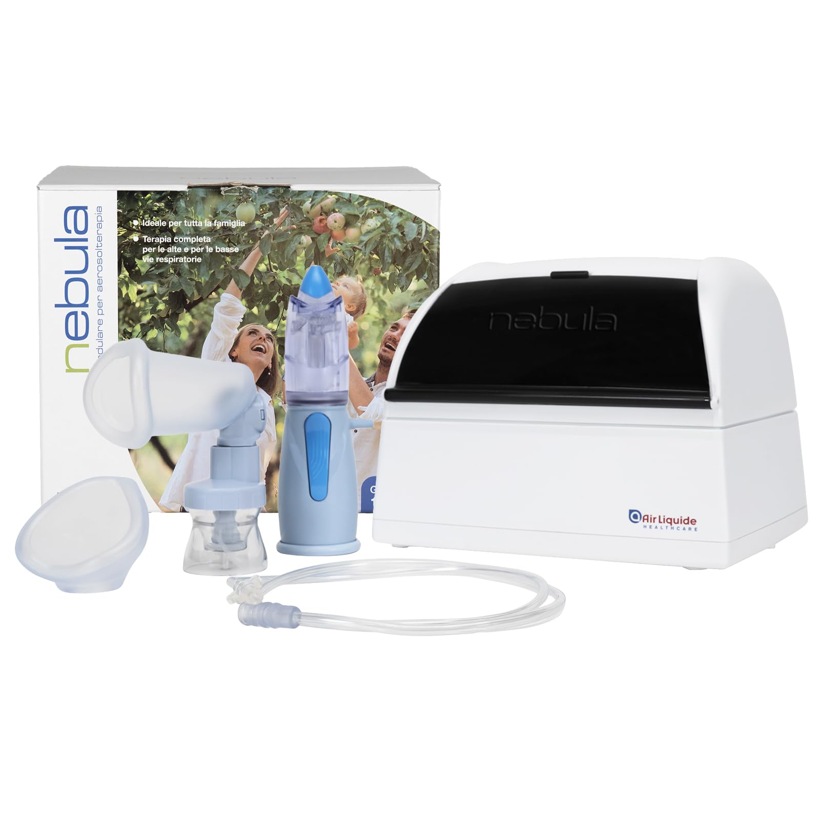Air Liquide Healthcare, NEBULA, Sistema Completo per Aerosolterapia per Adulti e Bambini, Dotato di RINOWASH, NEBULA SPACER e Maschera Pediatrica, Ideale per tutta la Famiglia, Terapia Completa