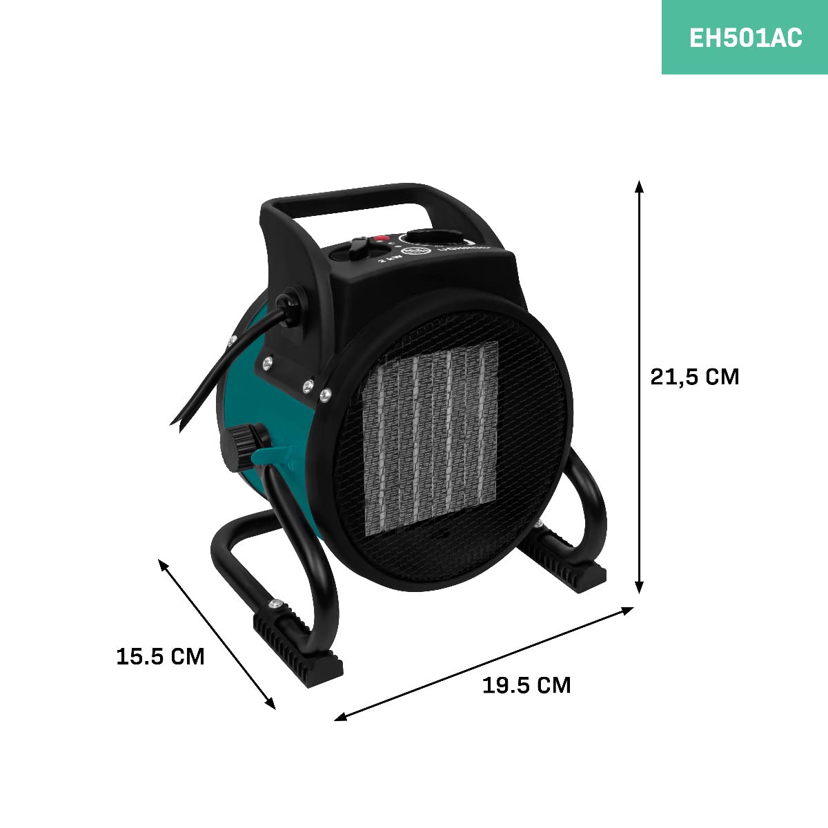 VONROC Termoventilatore elettrico 2000W. Dotato di 3 impostazioni: 2 di riscaldamento e 1 di ventilazione. Temperatura regolabile