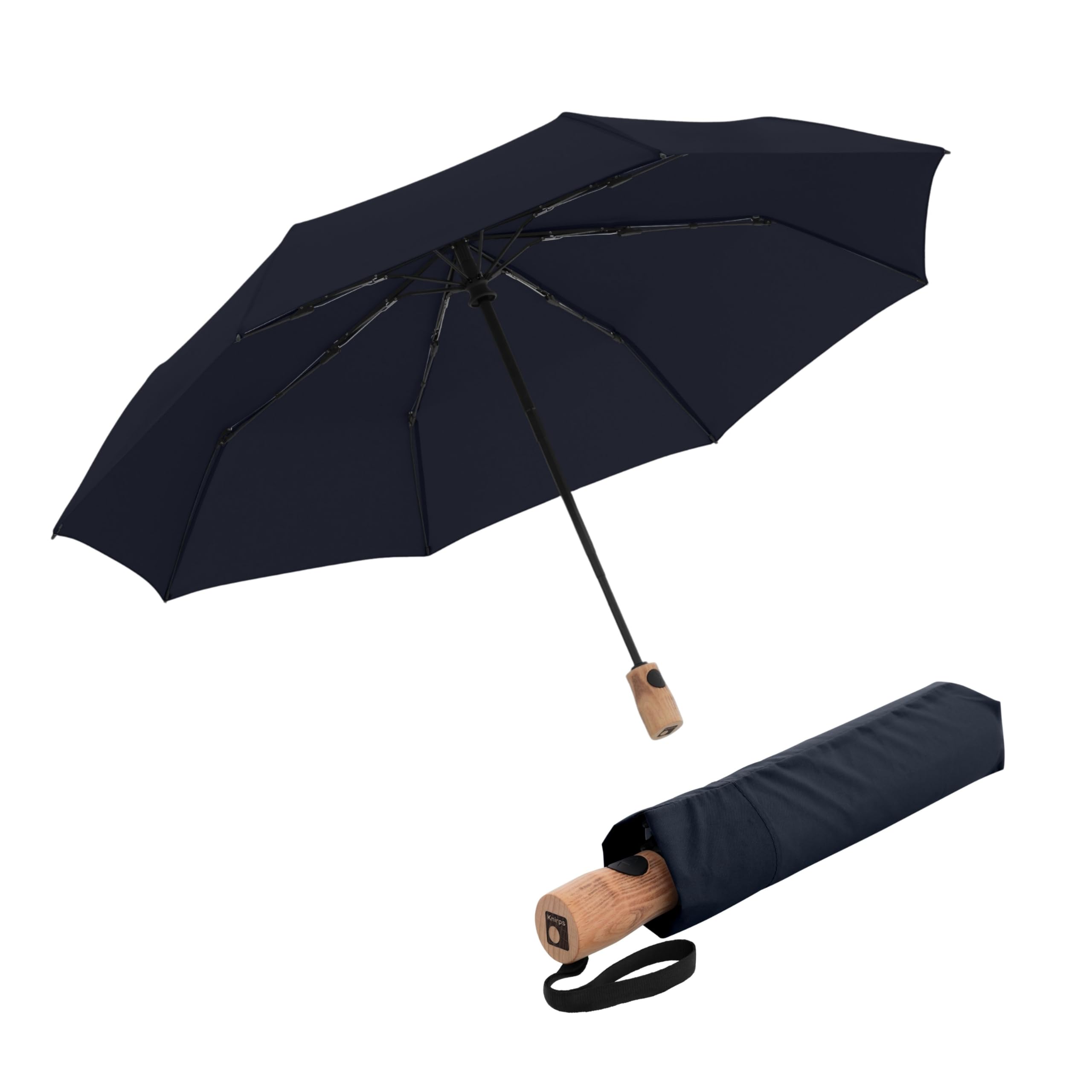 Knirps TIMBER Automatic, Travel Umbrella Compact Auto Open & Close Folding Design, Lightweight Rain Protection Retractable Umbrellas with Windproof Frame and German Beech Wood Handle, Navy