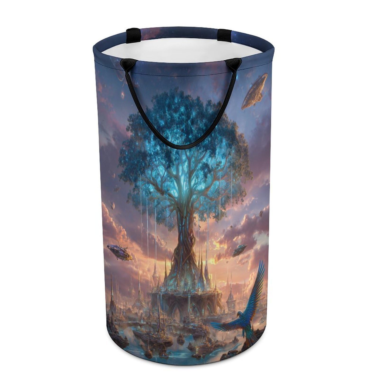 LUYYSKY Vintage Elegant Tree of Life Versatile Storage Laundry Basket, Retro Oil Painting Starry Sky Galaxy Enchanted Forest Animal Bird Large Bathroom Laundry Hamper With Handle-40 CM Dia, 69 CM High