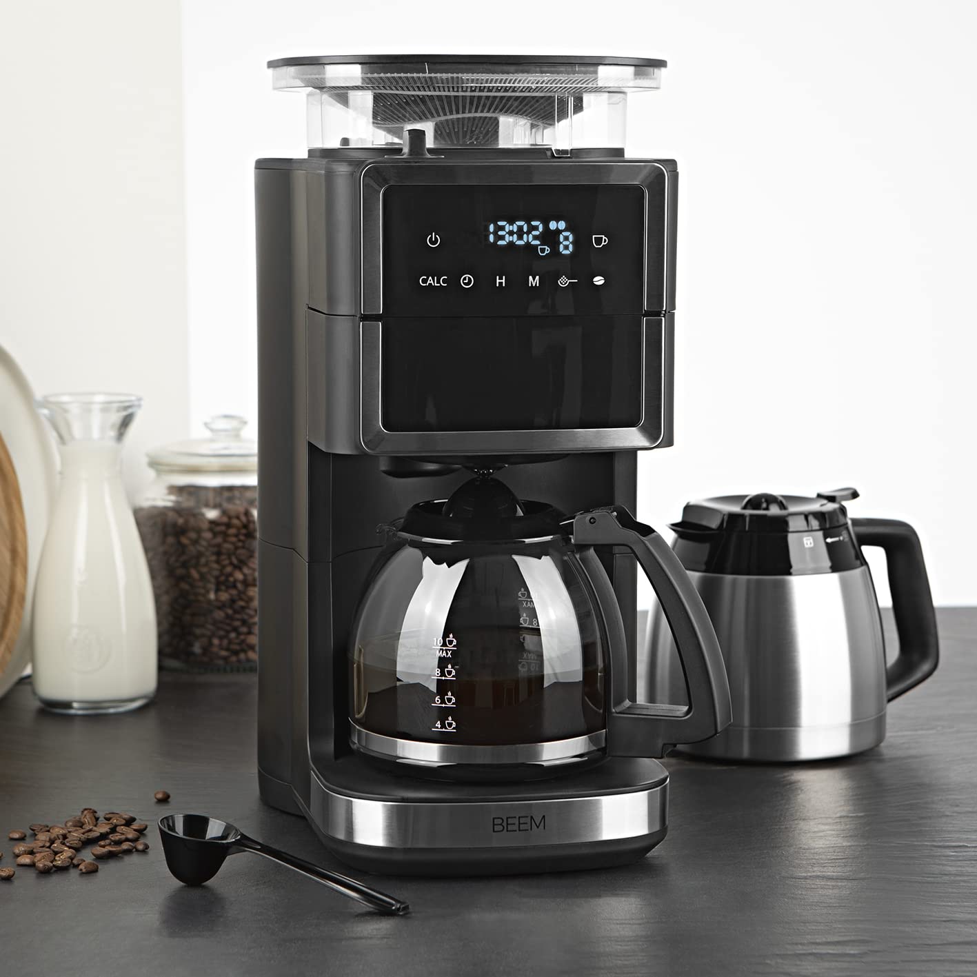 BEEM FRESH-AROMA-PERFECT III Caffettiera filtro con macinino - Duo | Con caraffa sottovuoto e caraffa di vetro | Macinino a cono e funzione Aroma Plus | Timer 24 ore | 1000 W | Fino a 10 tazze