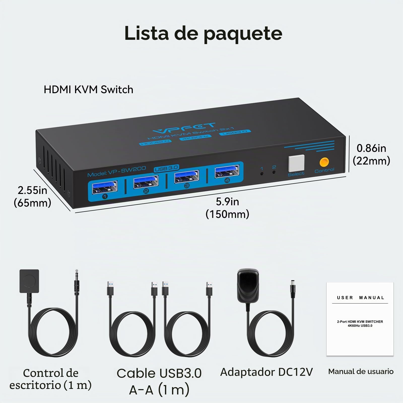 KVM Switch HDMI 2 PC 1 Monitor 4K@60Hz, Conmutador KVM USB 3.0, Doble PC Comparte 1 Pantallas y 4 USB Teclado, Ratón, Impresora, Pendrive, Incluye Fuente de Alimentación y Control de Escritorio