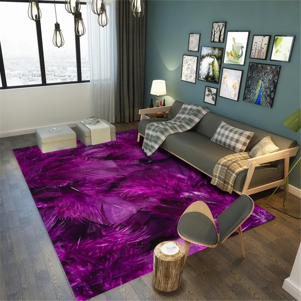 Tapis violet 160x200cm rectangulaire à motif plumes pour une descente de lit durable en chambre